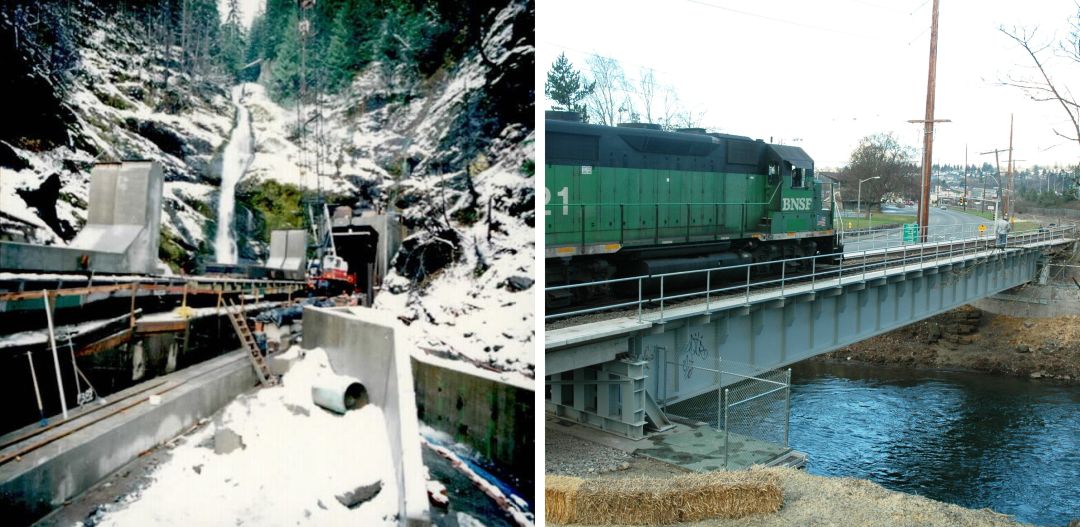 side-by-side comparison of two BNSF projects: Stampede Pass Tunnel & Cedar River Bridge