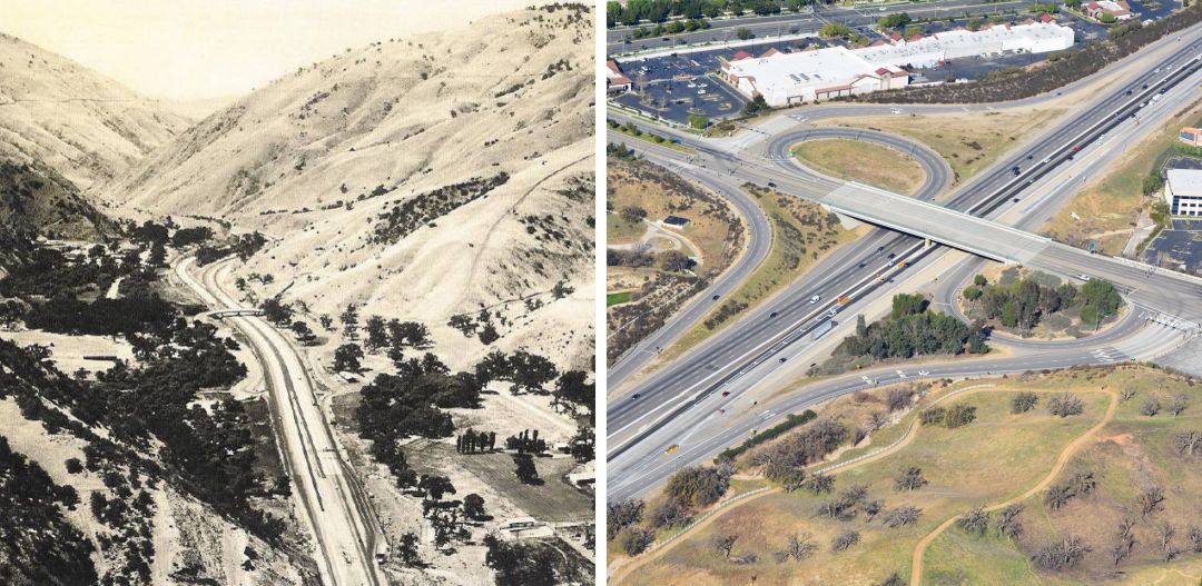 side-by-side of the grapevine freeway (1960) and I-5 PCCP (2019)