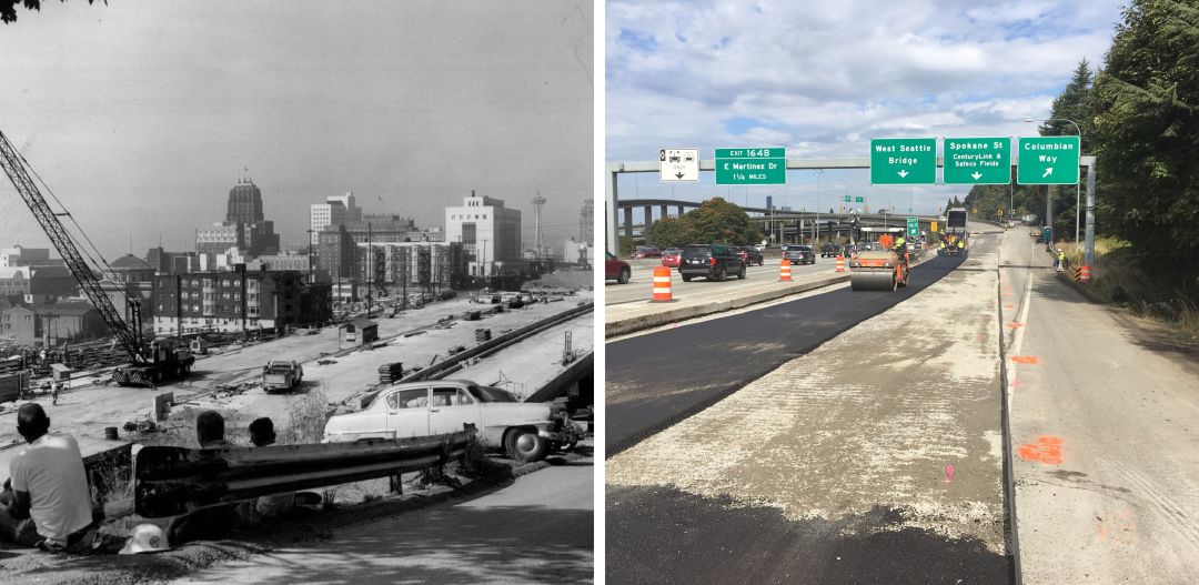side-by-side of seattle freeway construction (1967) and I-5 MLK Project (2018)
