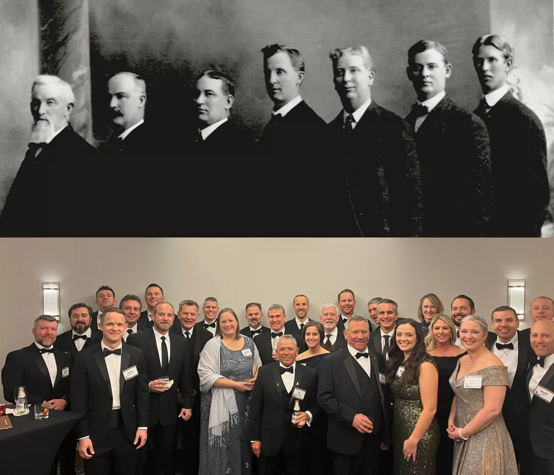 Company Leaders: Guy F and family from the early 1900's above modern day leaders from 2024 