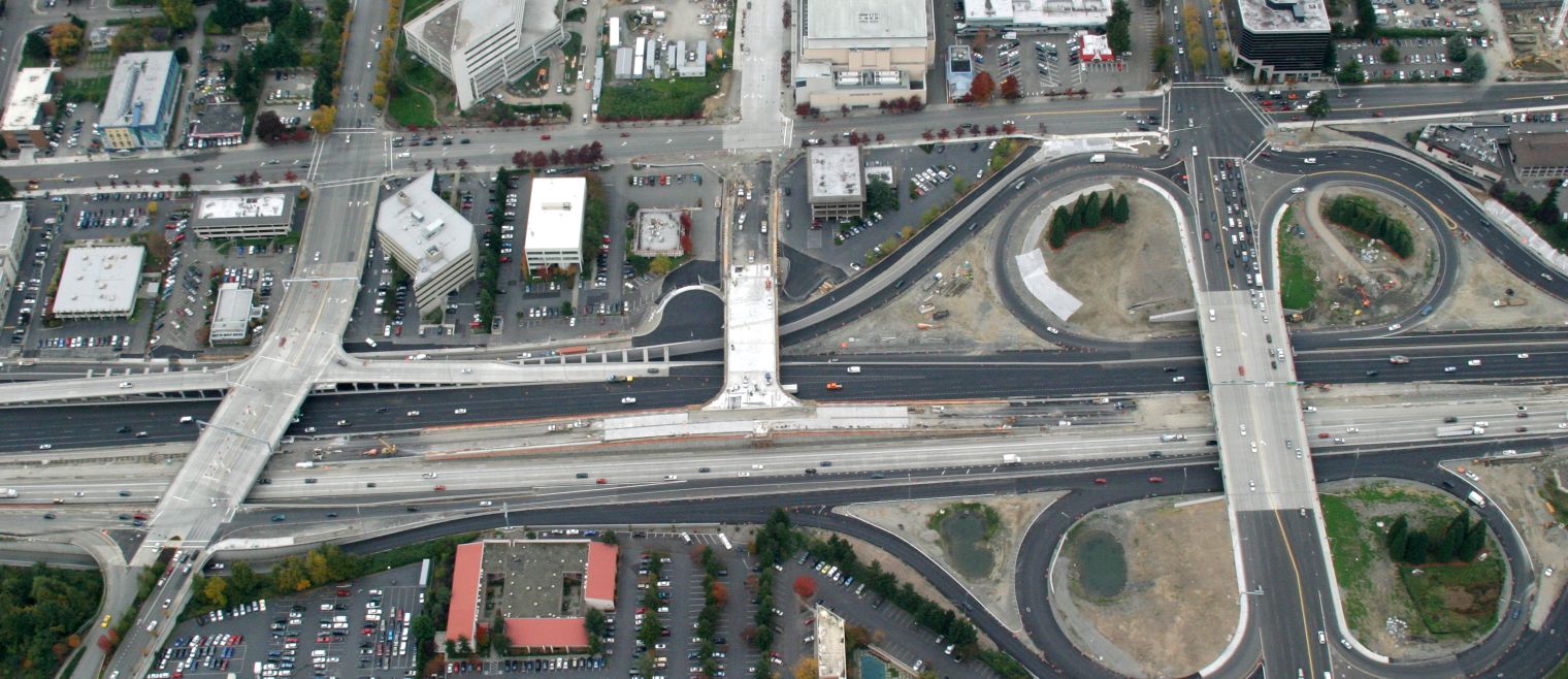 aerial image of NE 4th, NE 6th, & NE 8th Streets over I-405 in Bellevue, WA