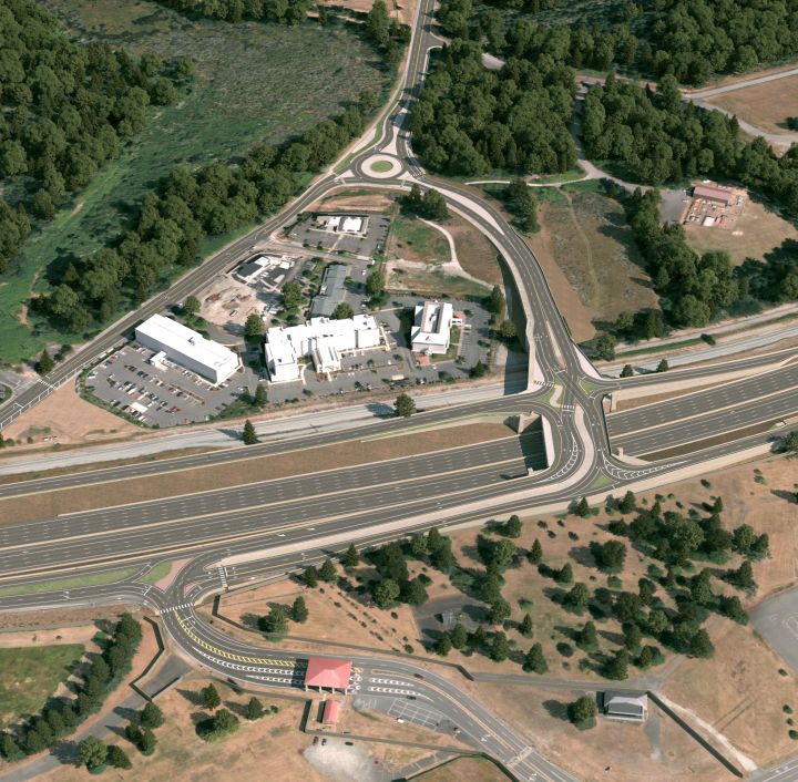 rendering of new diverging diamond interchange at I-5 and Steilacoom-DuPont Road