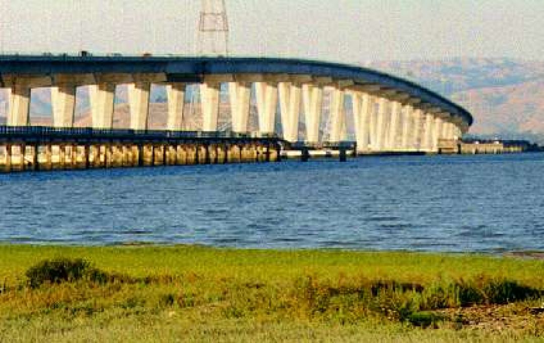 view from the shore of the completed Dumbarton Bridge