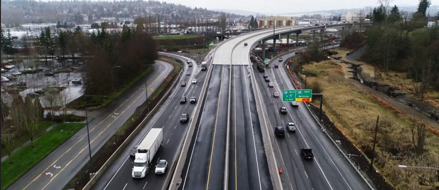 aerial above SR 176 looing up the new direct connector ramp to I-405