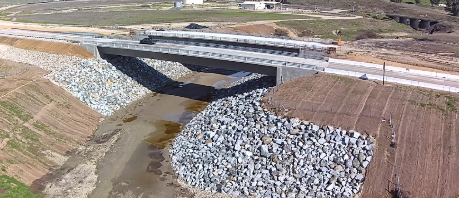 Aerial side view of new bridges