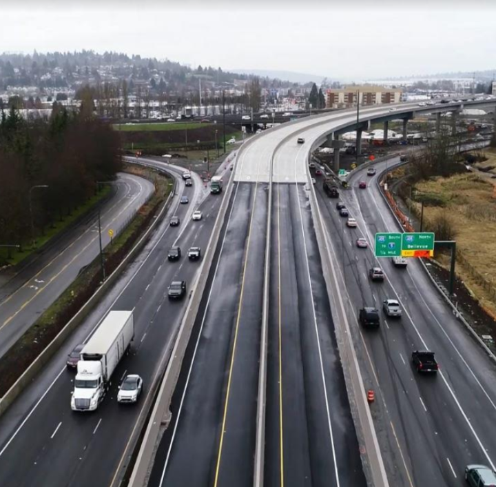 aerial above SR 176 looing up the new direct connector ramp to I-405