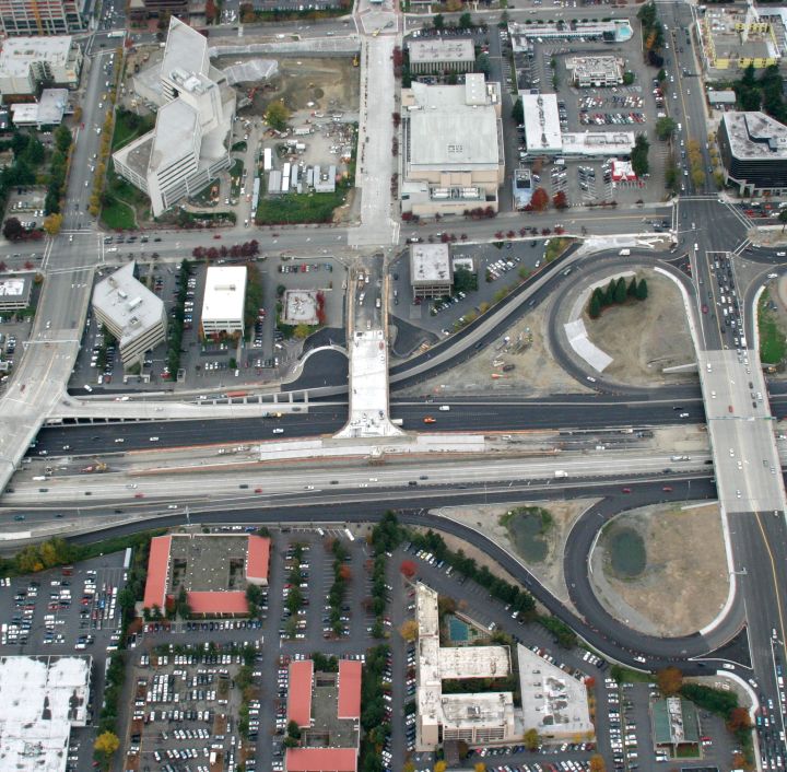 aerial image of NE 4th, NE 6th, & NE 8th Streets over I-405 in Bellevue, WA