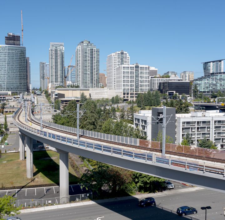 elevated light rail tracks heading into the downtown bellevue station