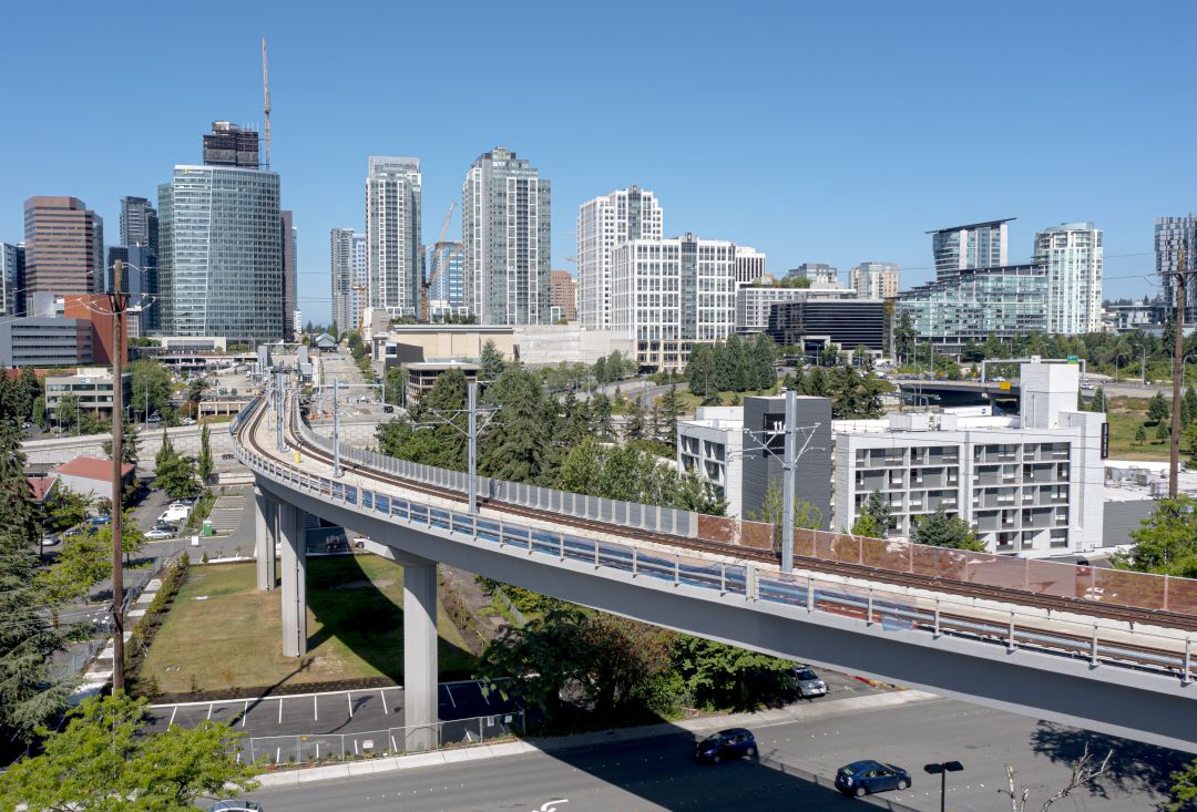 elevated light rail tracks heading into the downtown bellevue station